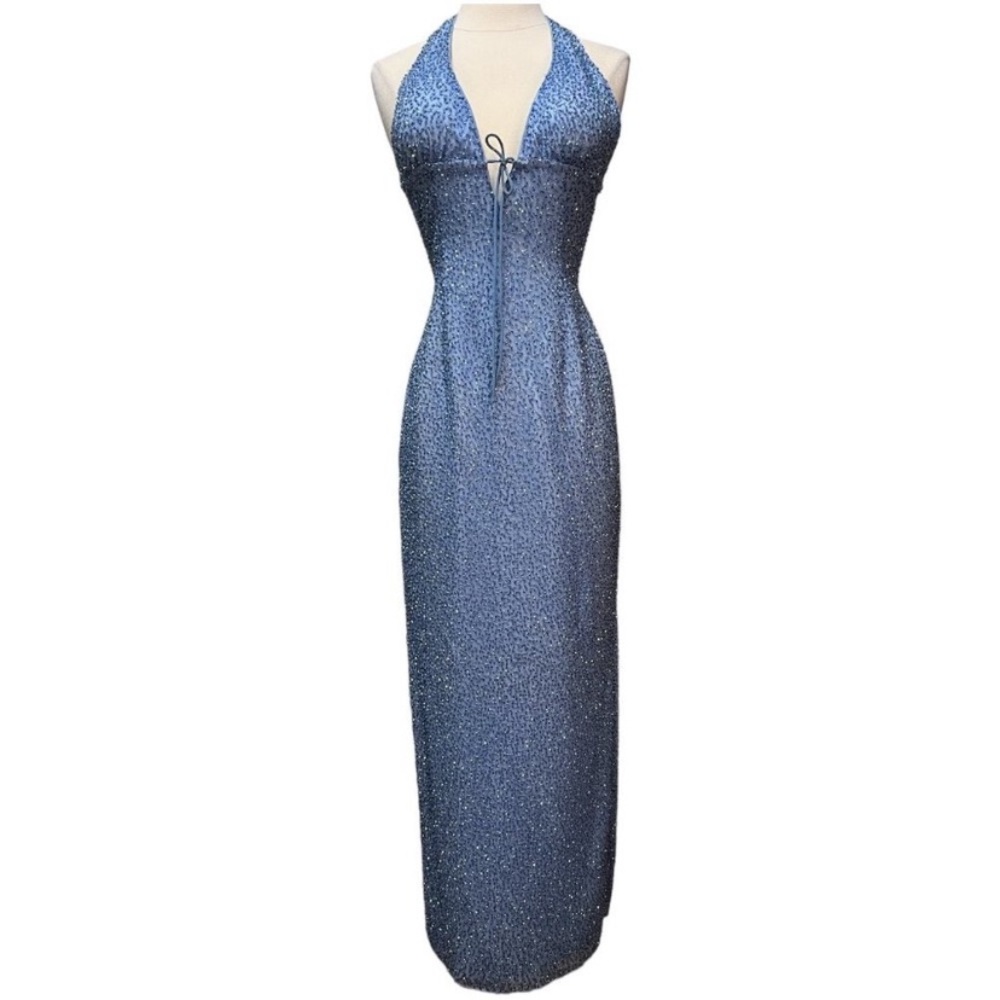 Vintage 90’s Y2K 100% Silk Dress Silk Slip Dress Mermaid Fairy Prom Blue Beaded - Picture 5 of 9